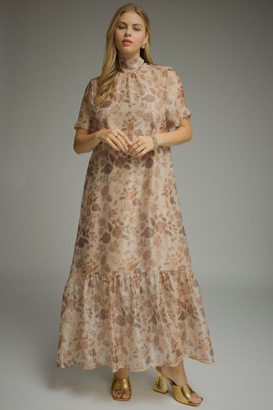 Sheer Floral Maxi Dress- Taupe