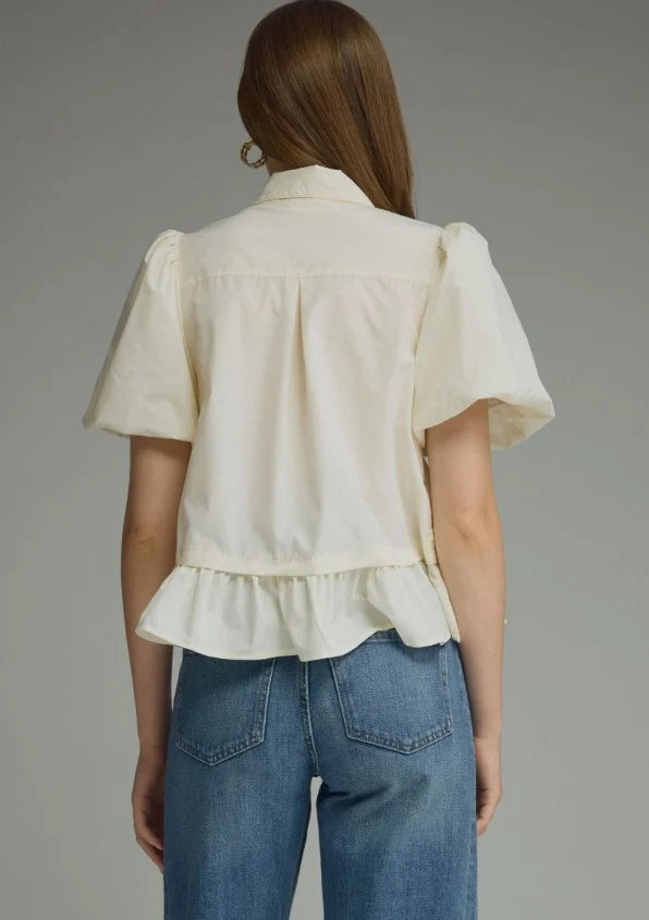 Scarf Tie Ruffle Hem Top- Cream
