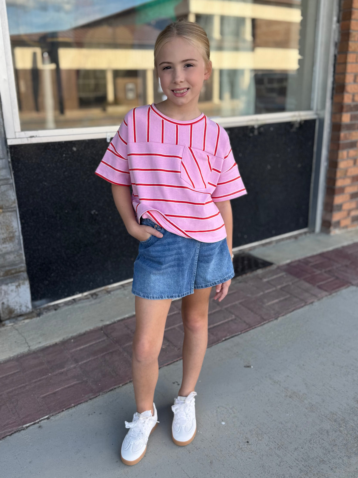 Girls Mixed Stripe Pocket Tee