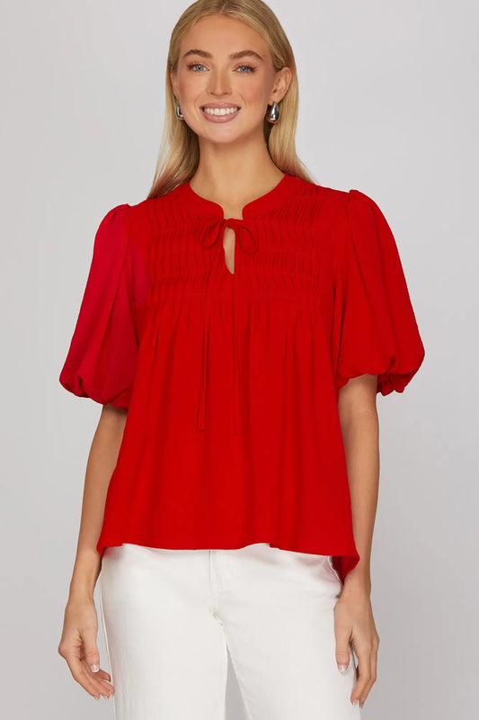 Pintuck Detail Neck Tie Woven Top