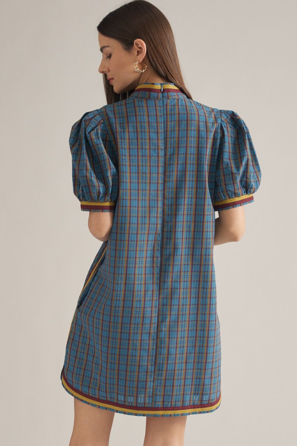 Plaid Puff Sleeve Mini Dress-Teal