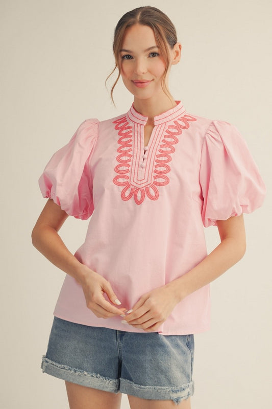 Embroidery Detail V-notched Neck Solid Top