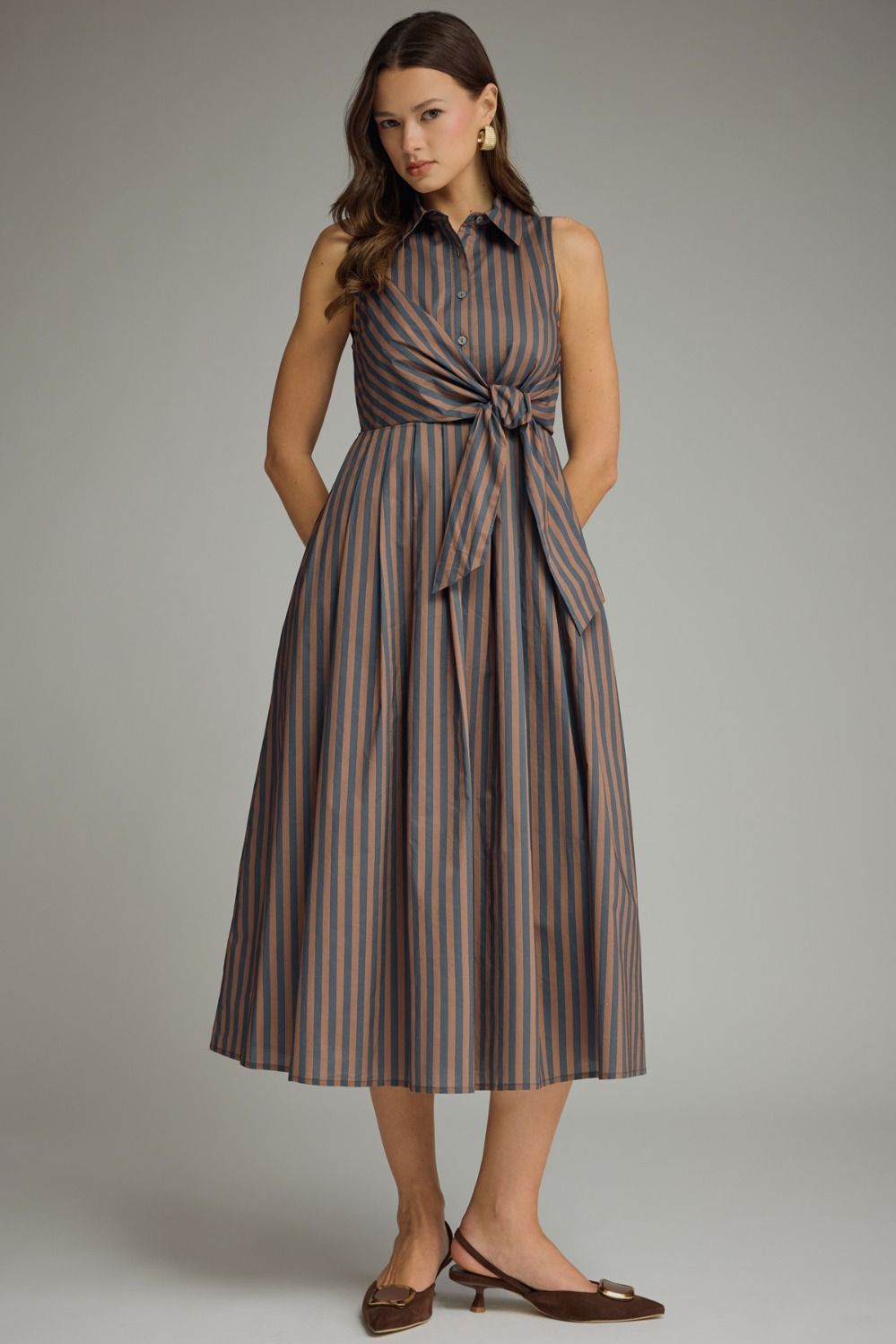 Striped Collared Sleeveless Dress- Navy Brown