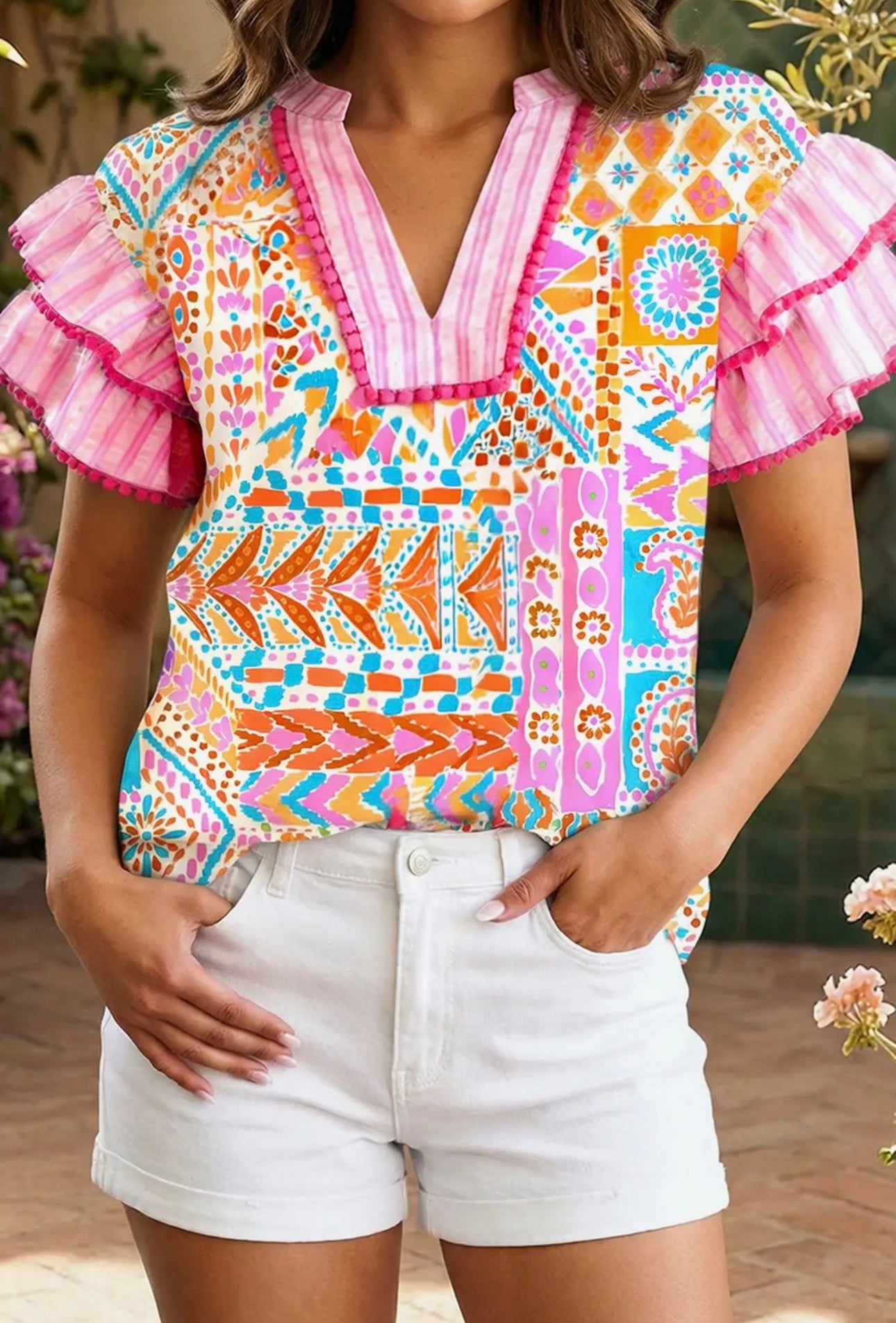 Contrast Trim Patchwork Blouse