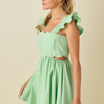 Scallop Mini Dress with Ruffled Shoulder