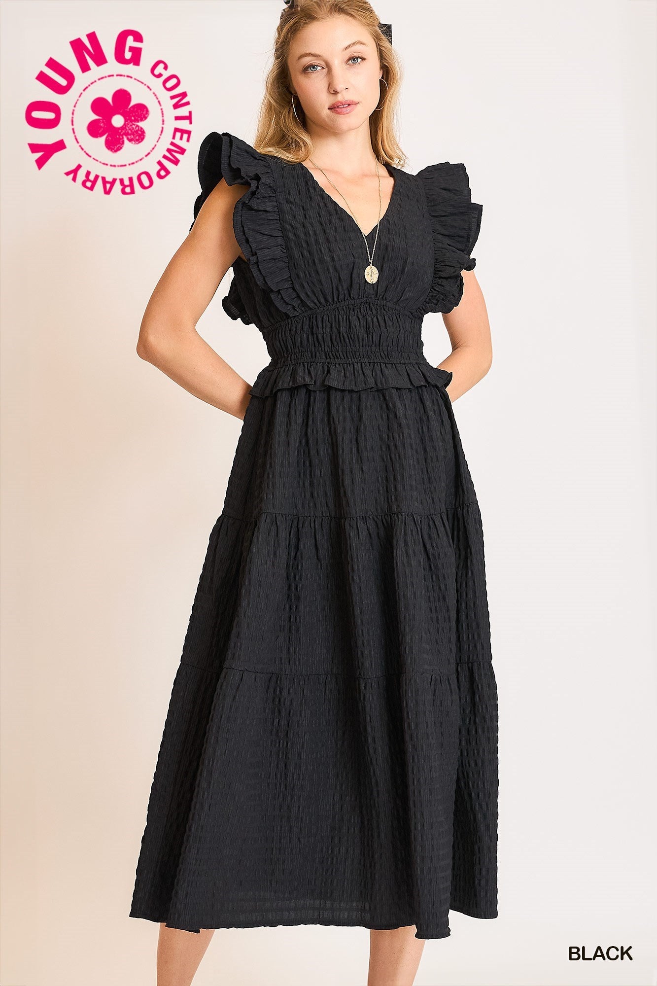 V-Neck Ruffle Midi Dress