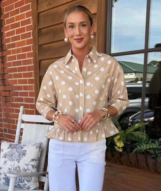 Polka Dot Ruffle Hem Button Up Top