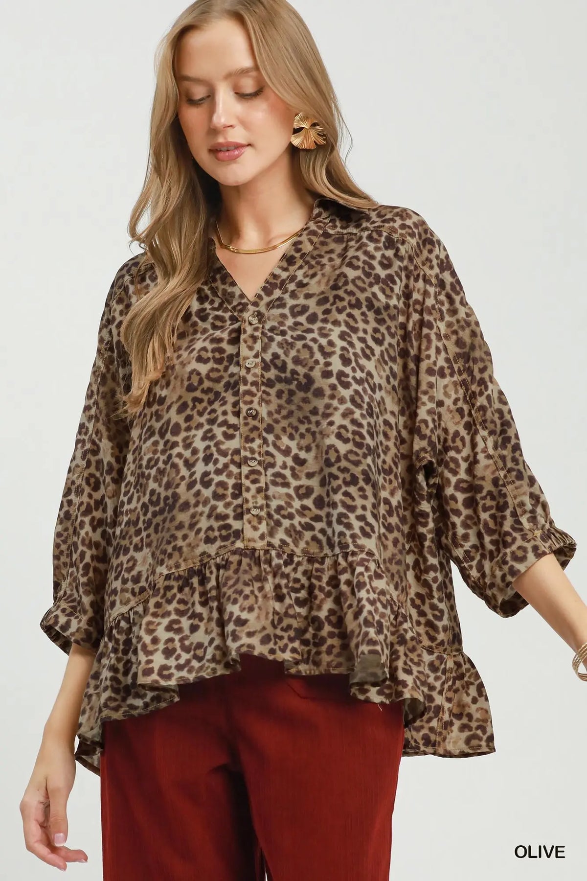 Leopard Print Peplum Button Top