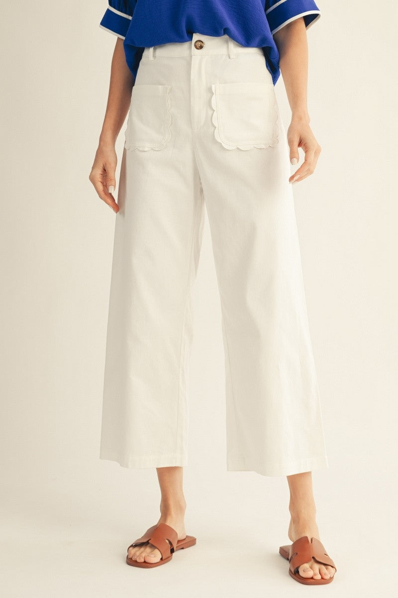 Scallop Edge Pocket Detail Wide Leg Pants