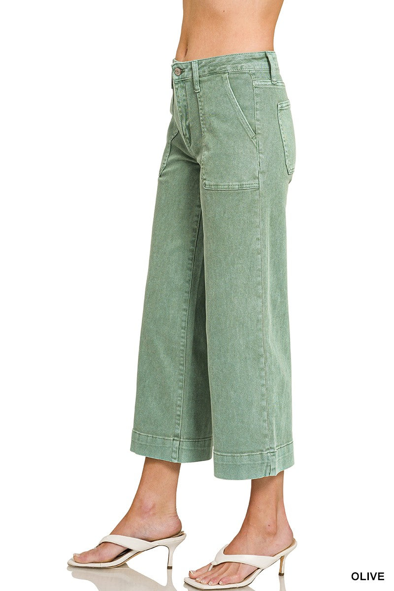 Zenana Cropped Wide Leg Color Denim Pants