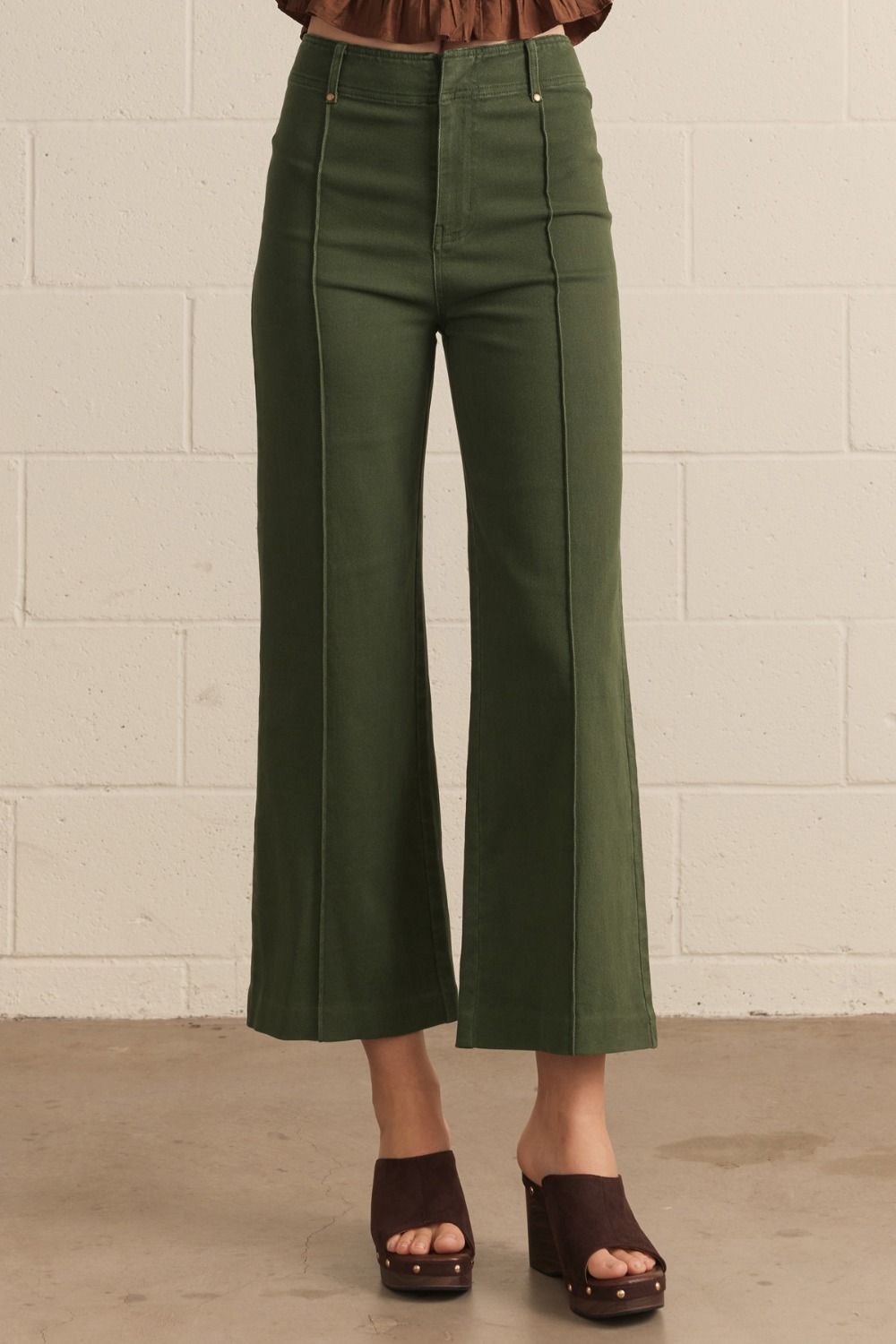 Seam Detail Wide Leg Pants-H Green