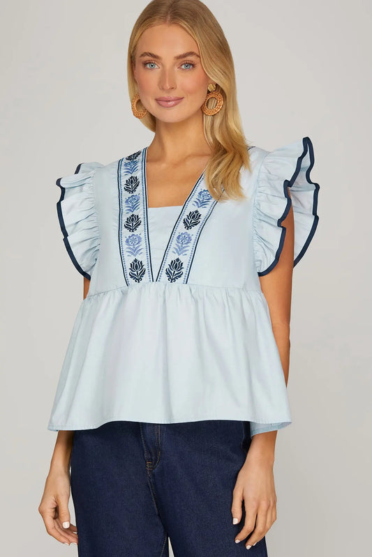 Ruffle Sleeve Embroidery Top