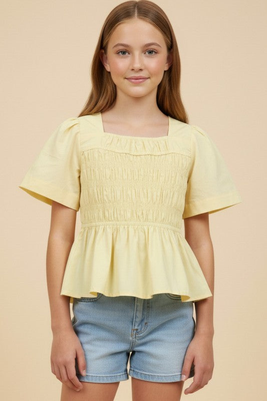 Hayden Girls Smocked Poplin Puff Hem Top