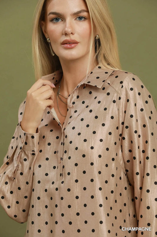 Polka Dot Satin Collared Blouse