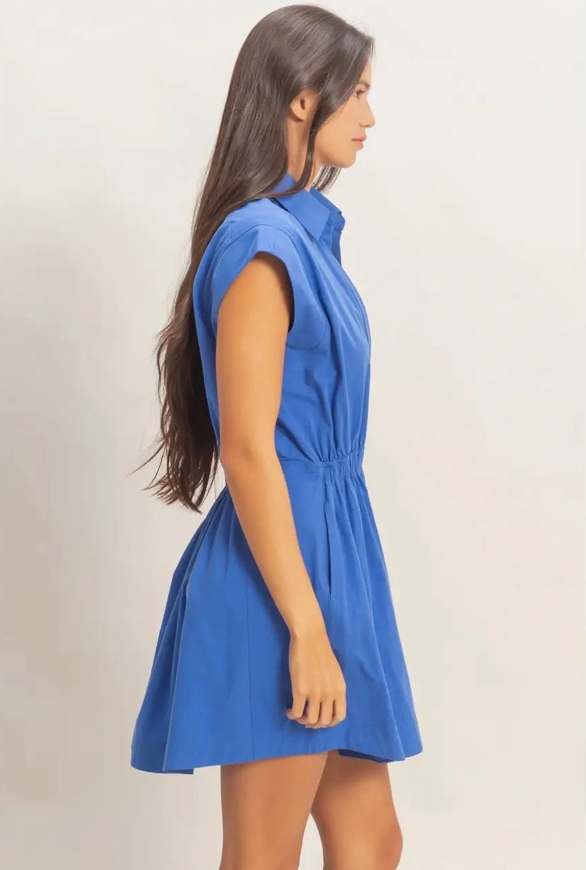 Sleeveless Collared Shirred Mini Dress