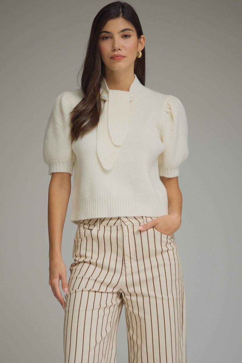 Self Tie Scarf Knit Top- Cream