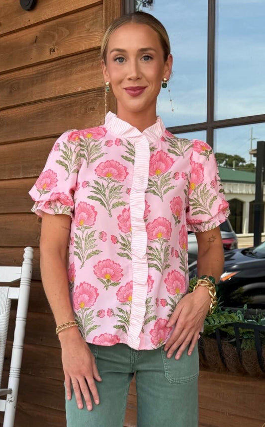 Floral Ruffle Striped Trim Puff Sleeve Top