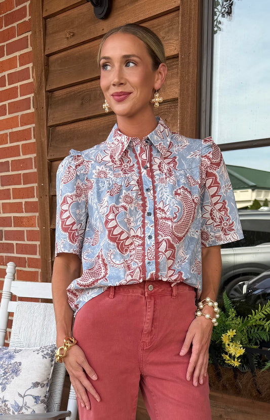Print Scalloped Trim Button Down Top
