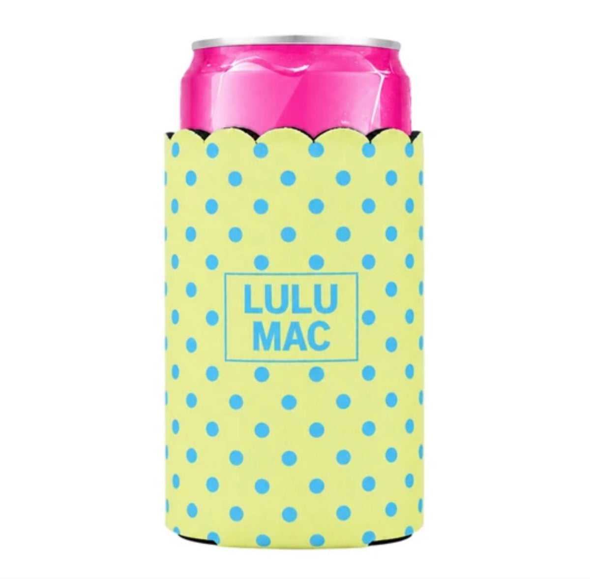Lulu Mac Slim Can Koozie-Yellow/Blue Dots