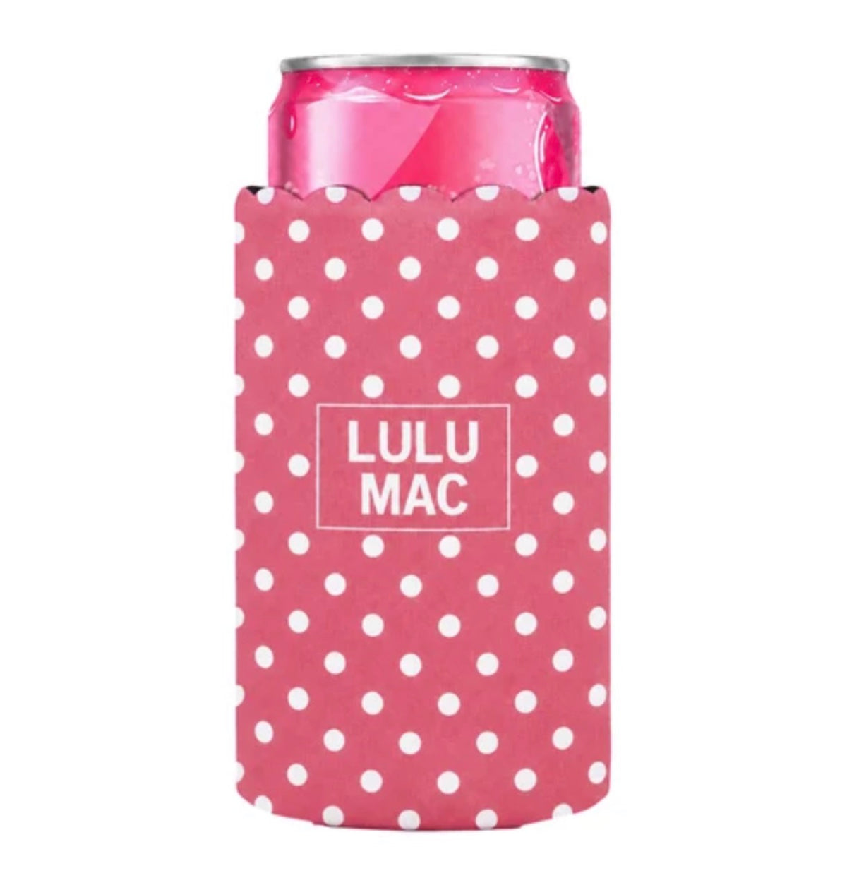 Lulu Mac Slim Can Koozie-Pink/White Dots