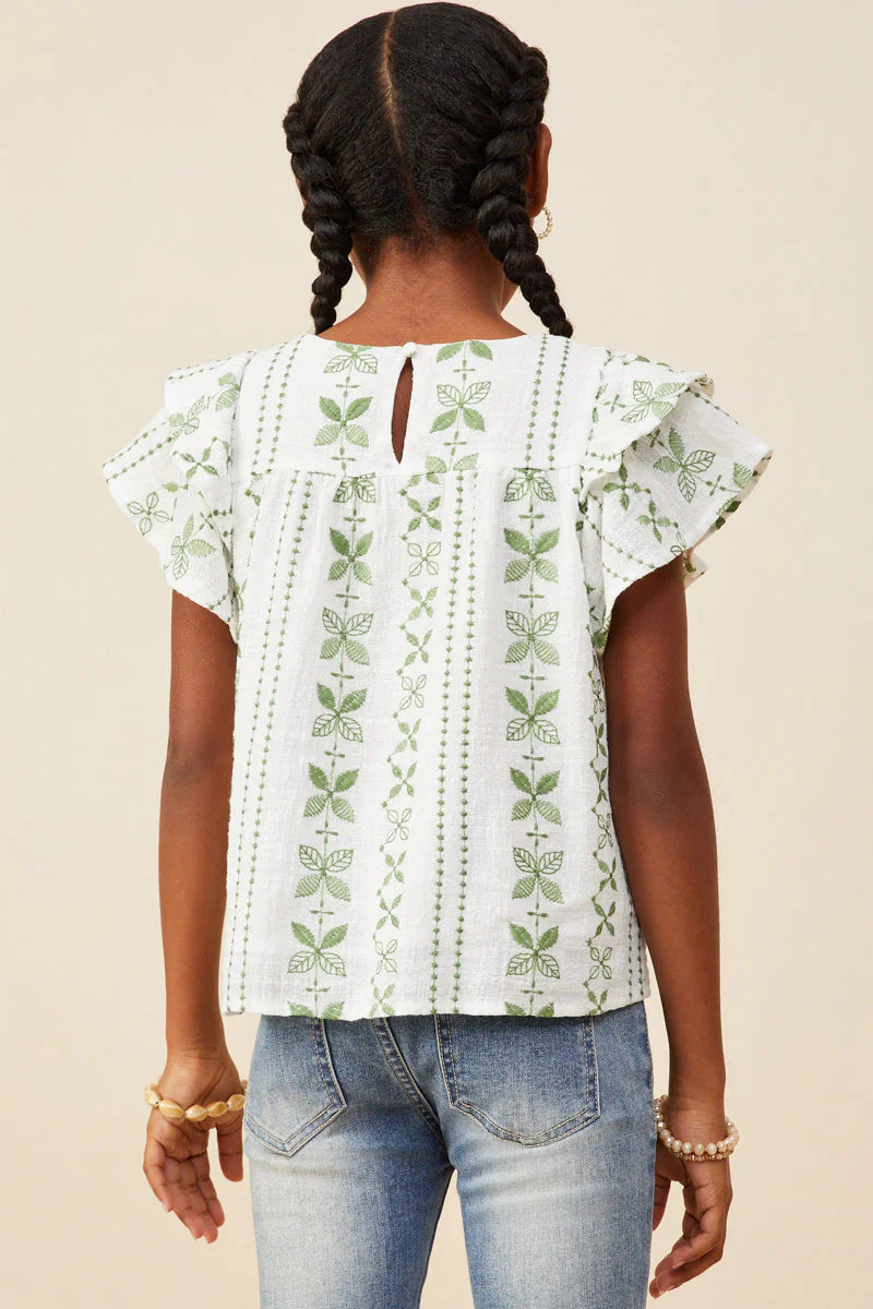 Girls Botanical Embroidered Layered Ruffle Top