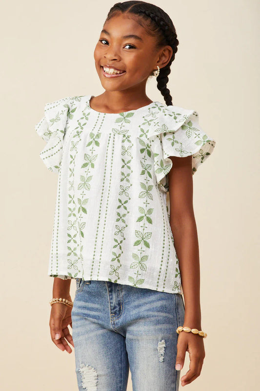 Girls Botanical Embroidered Layered Ruffle Top