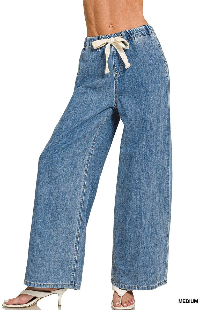 Zenana Wide Leg Drawstring Denim Pants