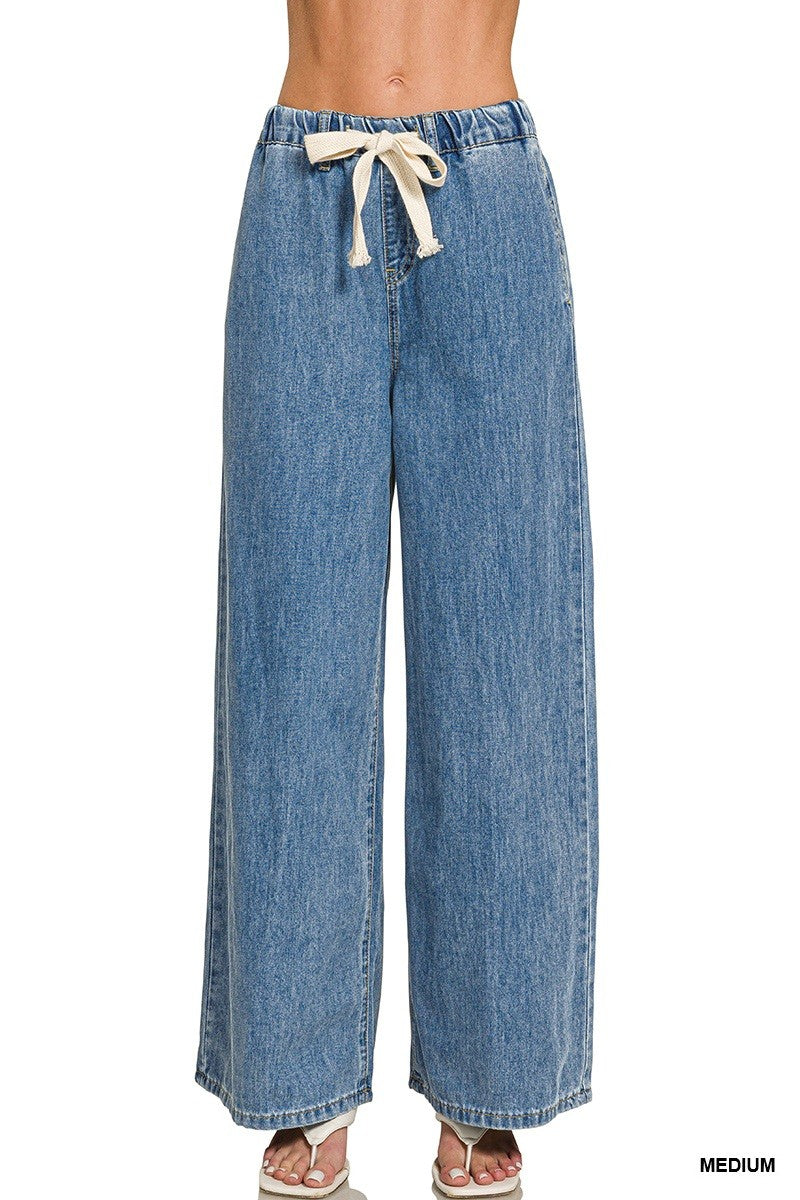 Zenana Wide Leg Drawstring Denim Pants