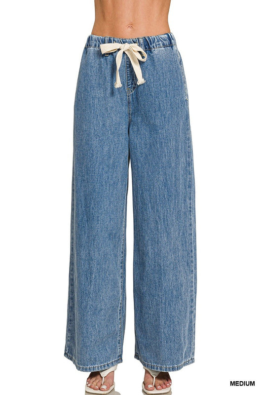 Zenana Wide Leg Drawstring Denim Pants