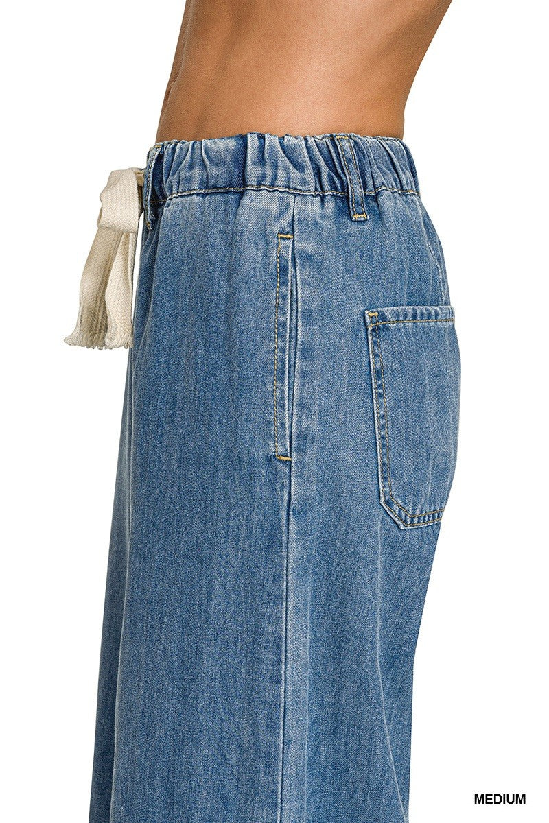 Zenana Wide Leg Drawstring Denim Pants