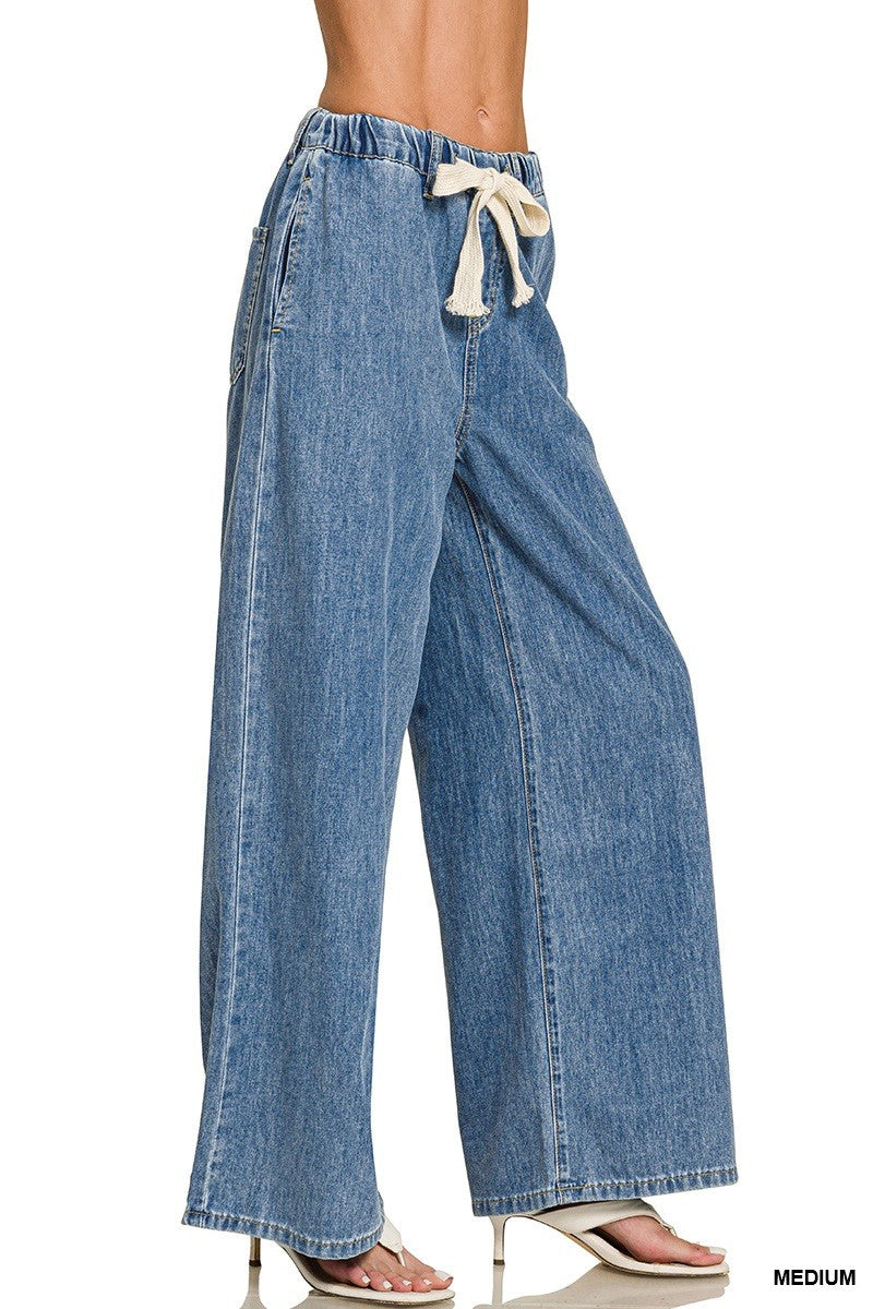 Zenana Wide Leg Drawstring Denim Pants