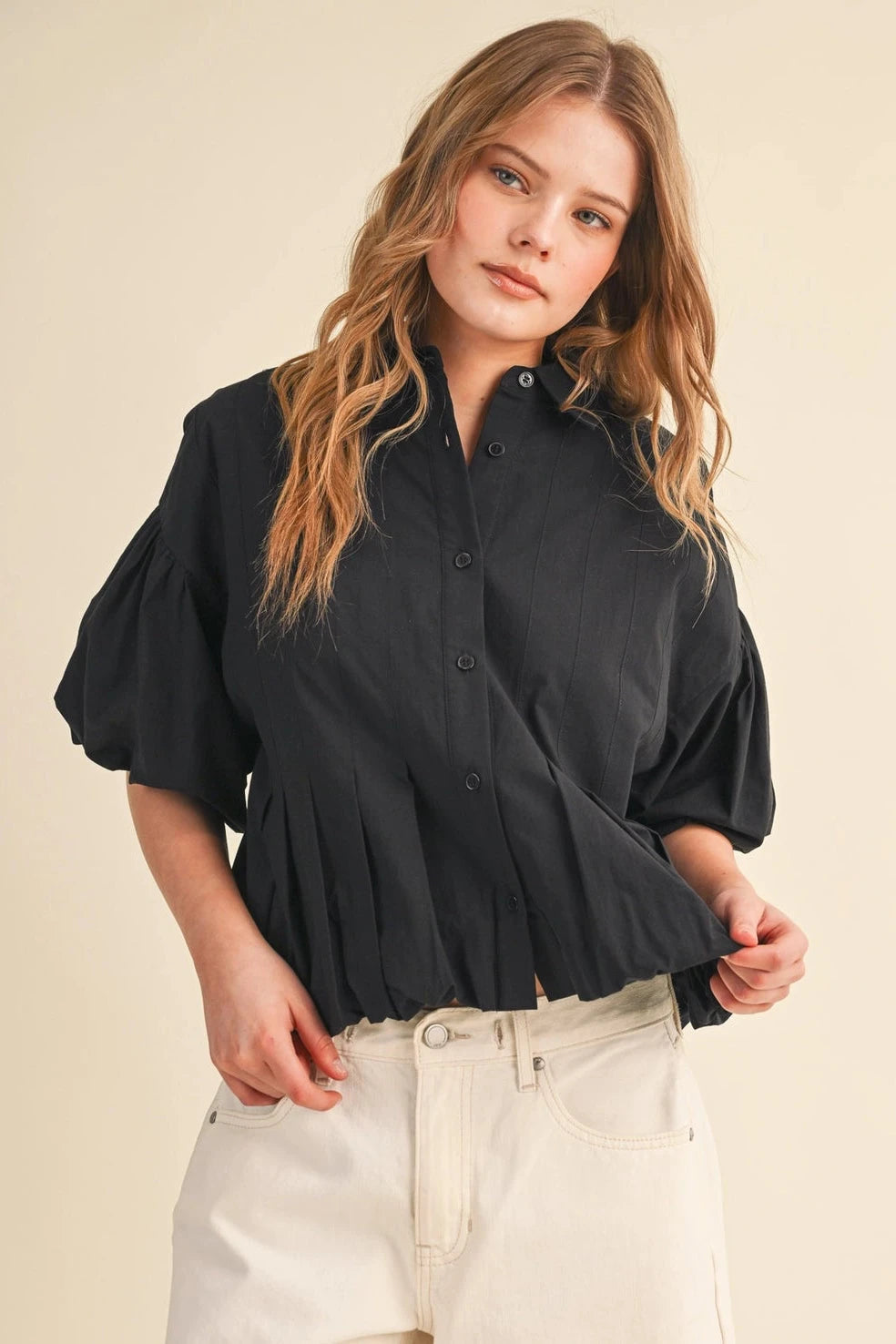 Pleated Bubble Hem Button Down Top-Black