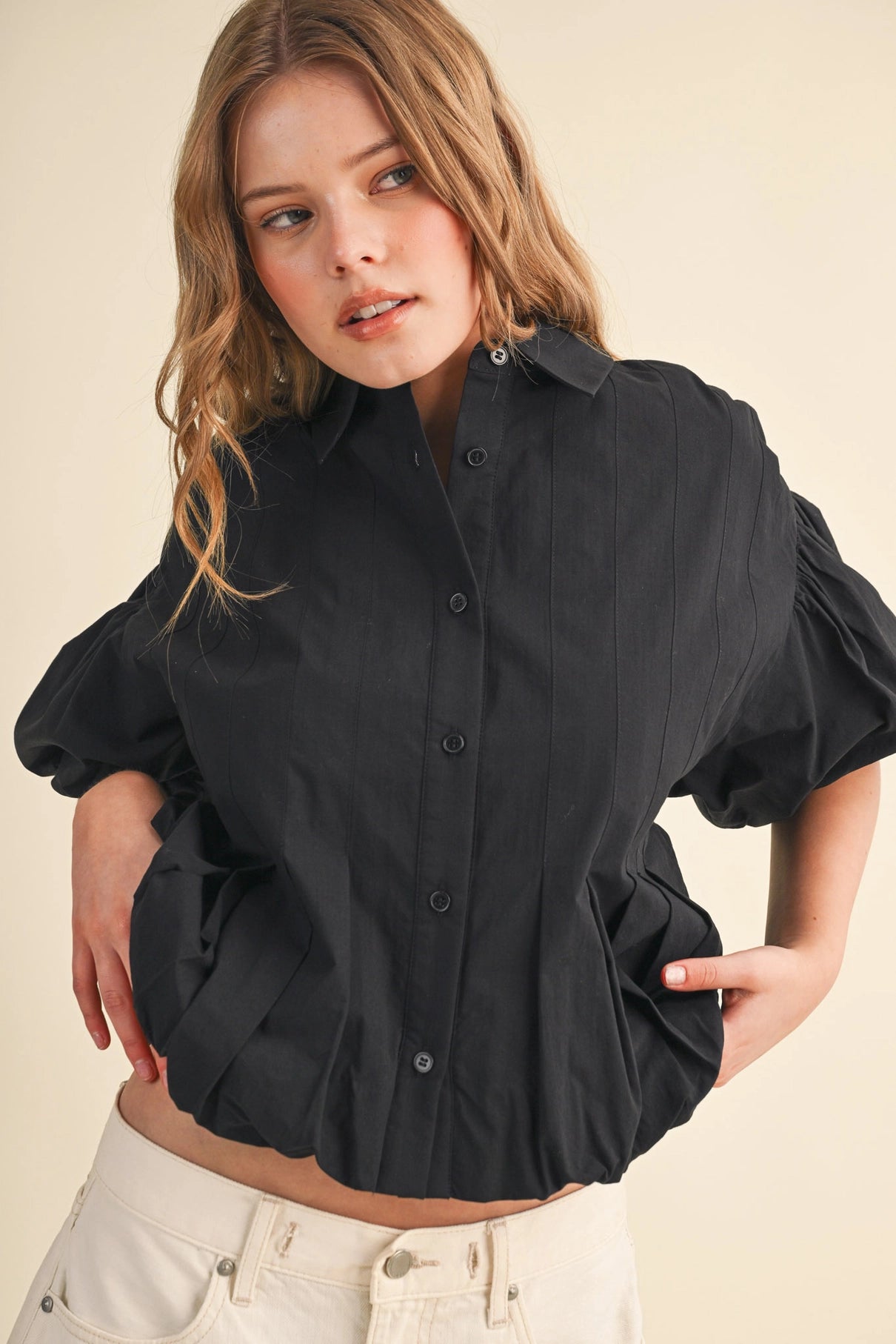 Pleated Bubble Hem Button Down Top-Black