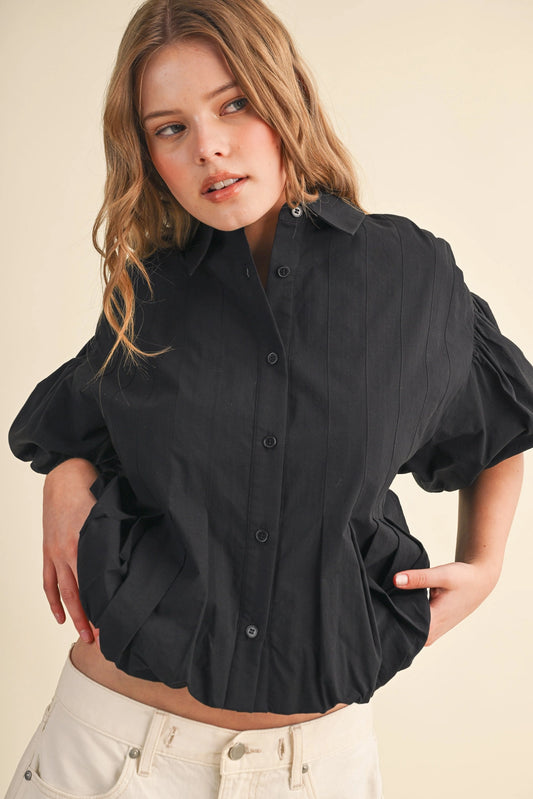 Pleated Bubble Hem Button Down Top-Black