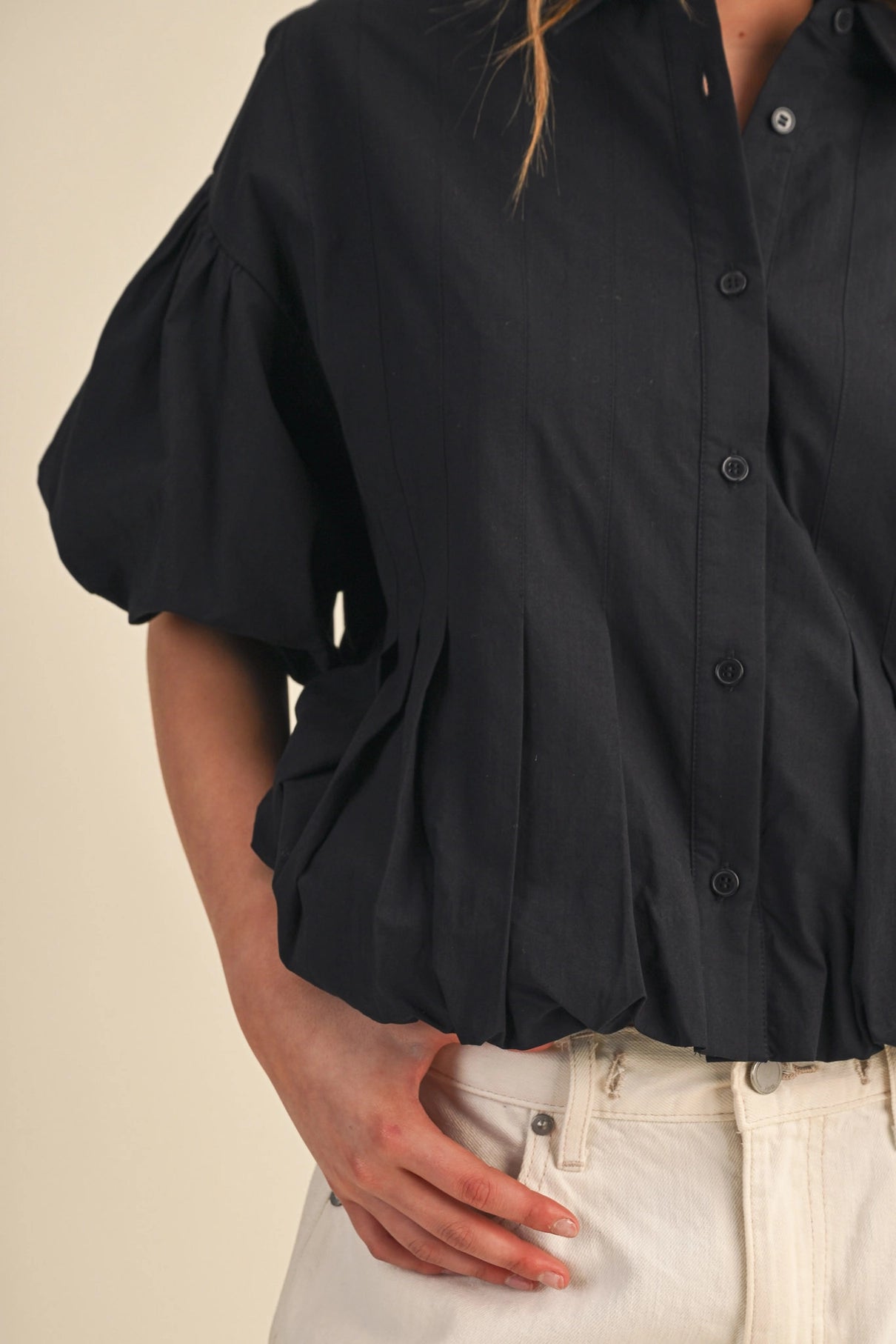 Pleated Bubble Hem Button Down Top-Black