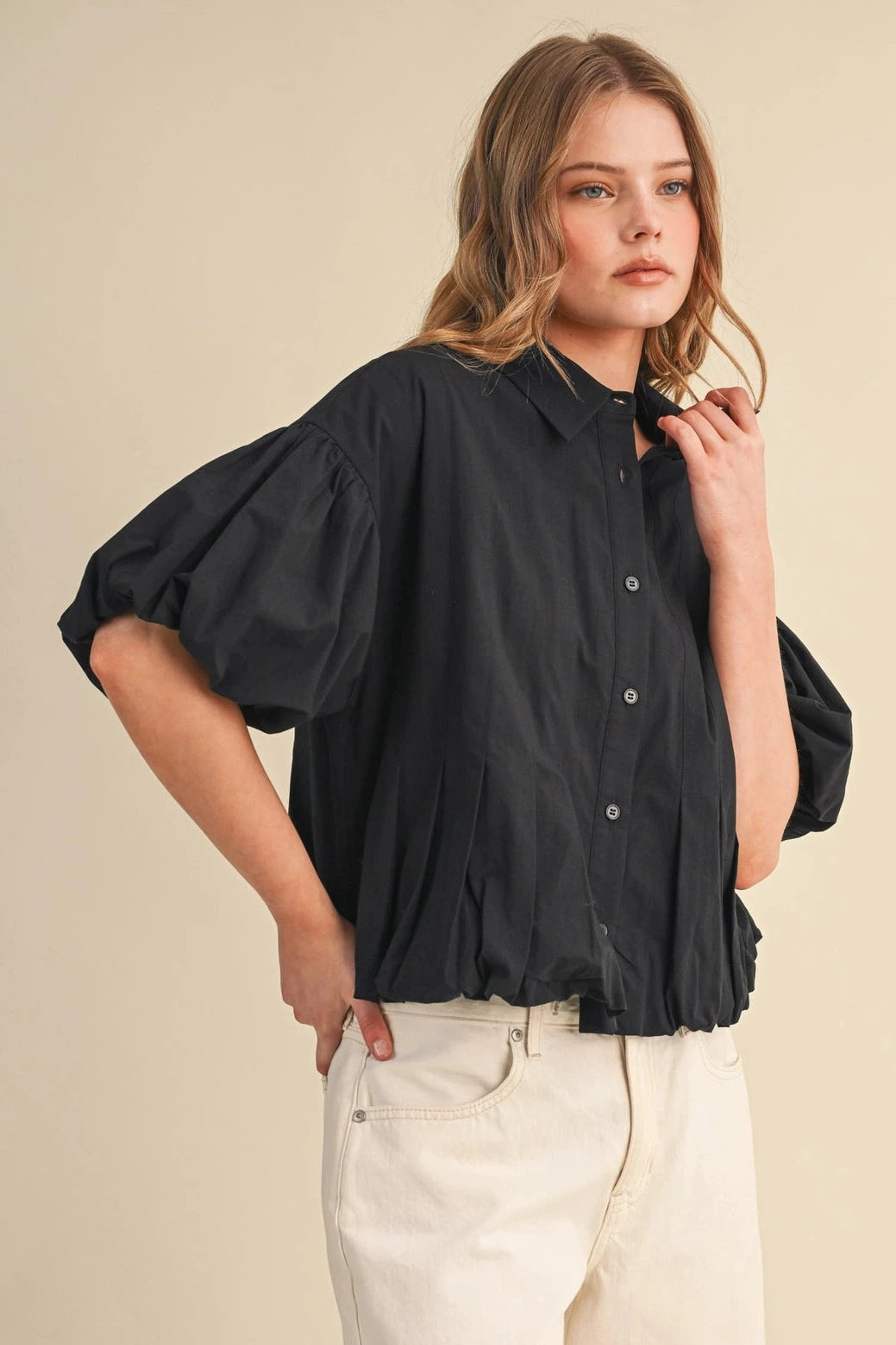 Pleated Bubble Hem Button Down Top-Black