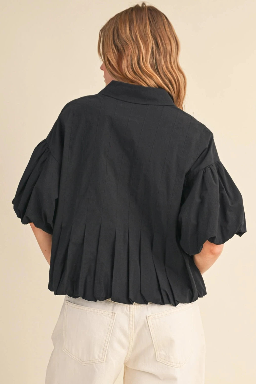 Pleated Bubble Hem Button Down Top-Black