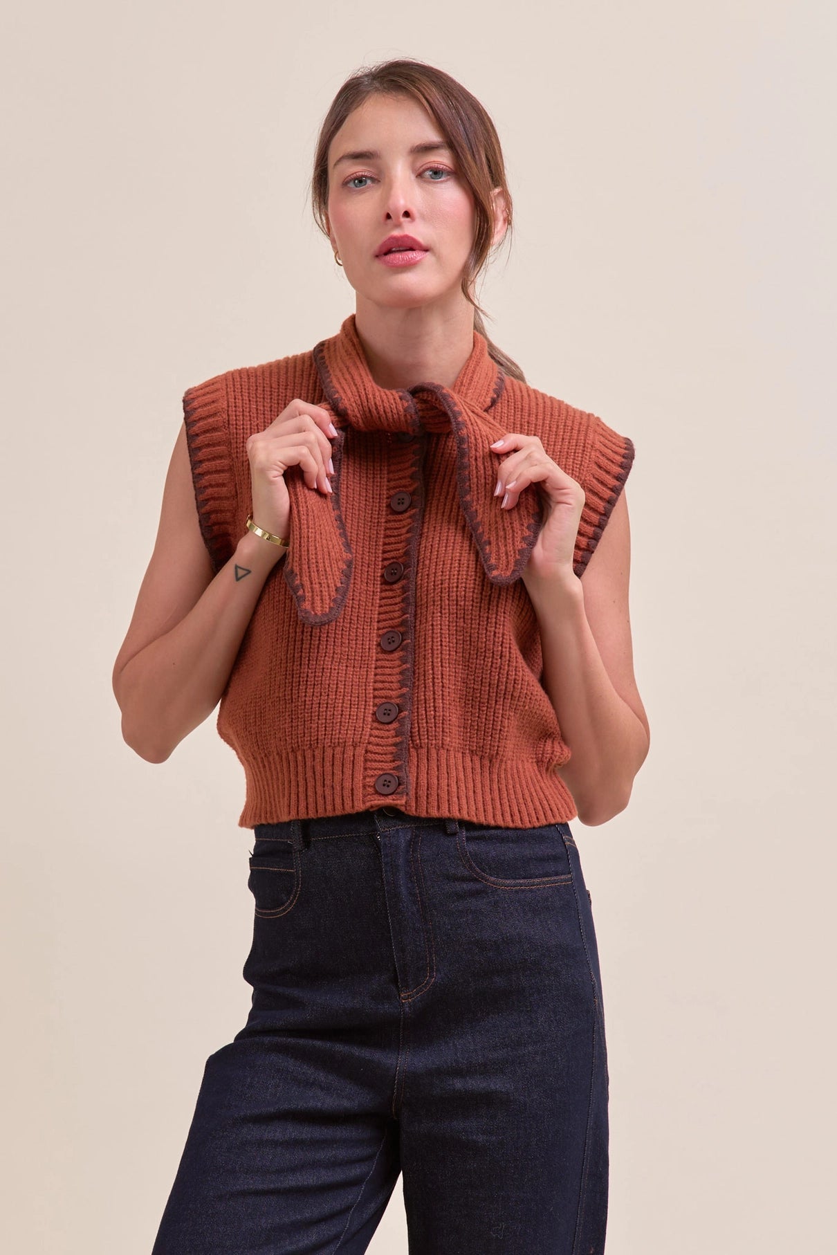 Tie Neck Sweater Vest W/ Contrast Blanket Stitch