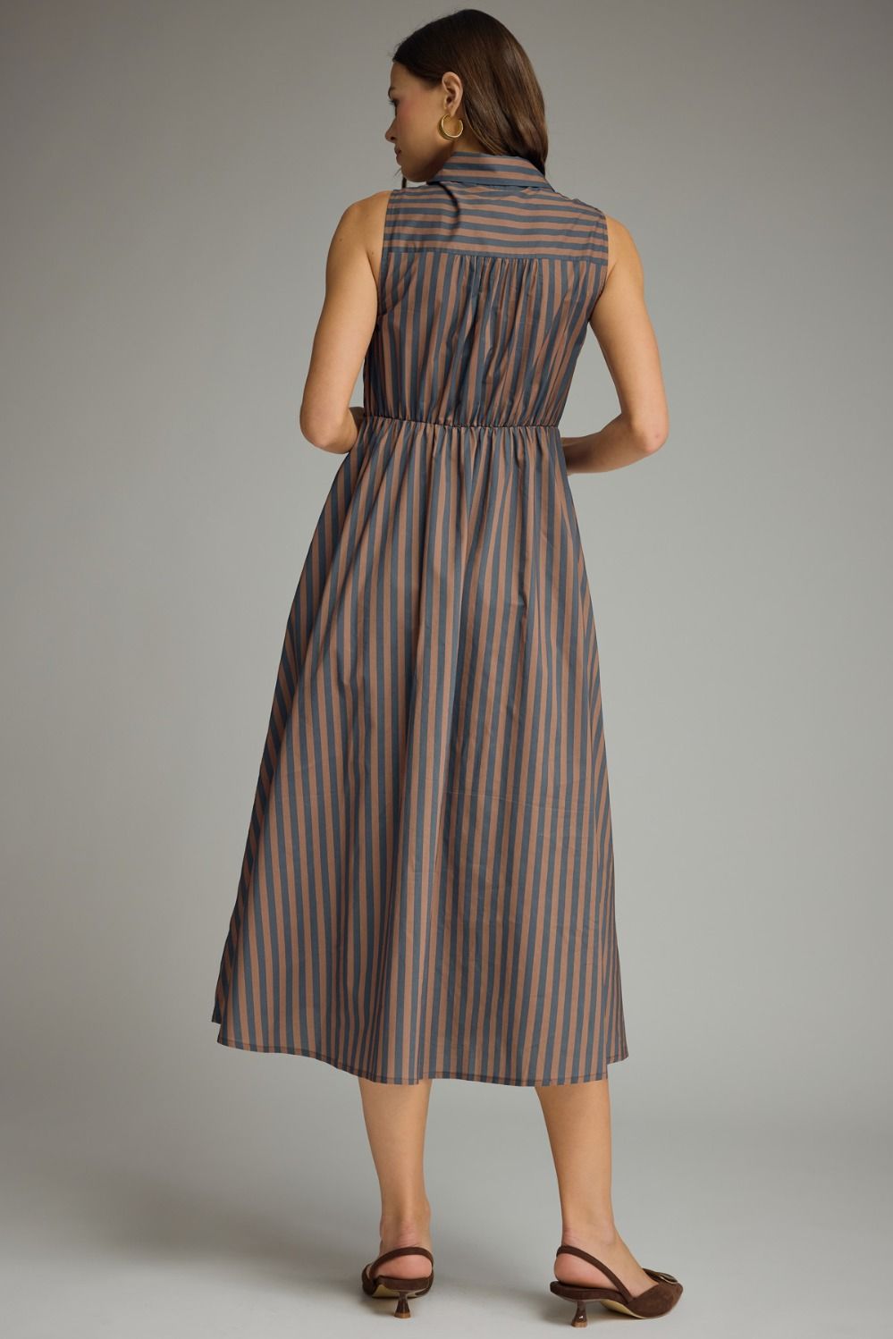Striped Collared Sleeveless Dress- Navy Brown