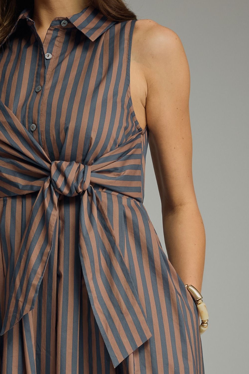 Striped Collared Sleeveless Dress- Navy Brown