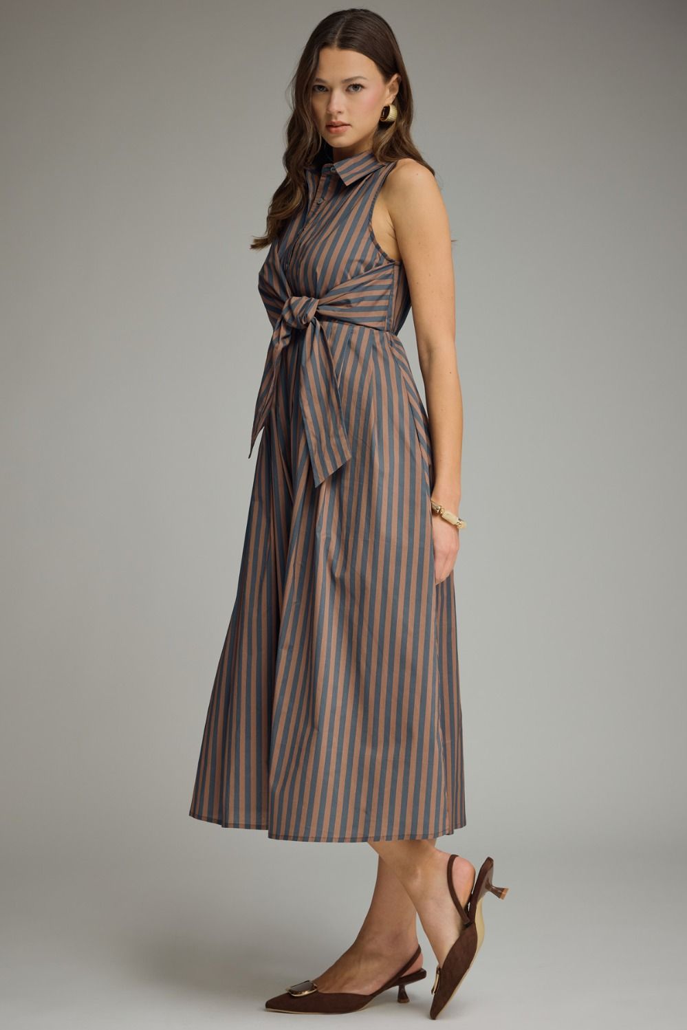 Striped Collared Sleeveless Dress- Navy Brown