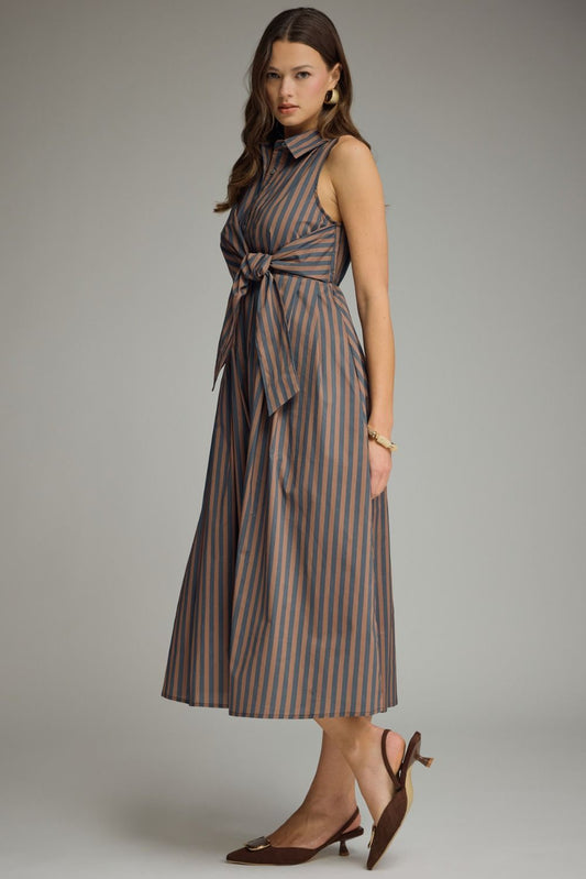 Striped Collared Sleeveless Dress- Navy Brown