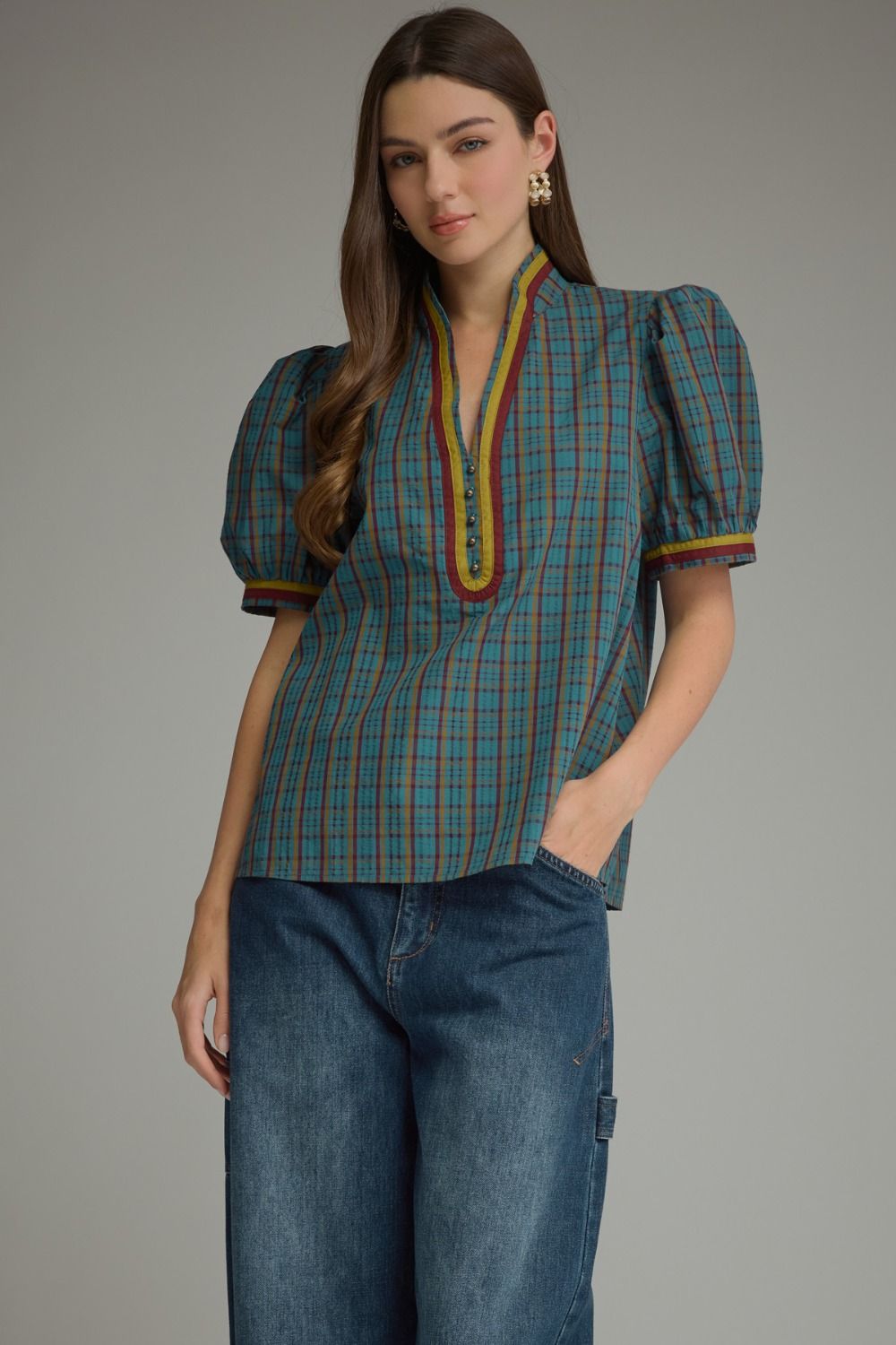 Plaid Puff Sleeve Top- Teal