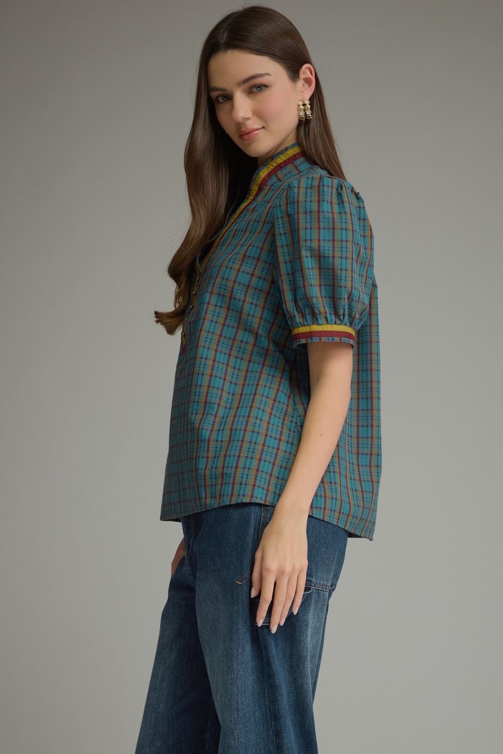 Plaid Puff Sleeve Top- Teal