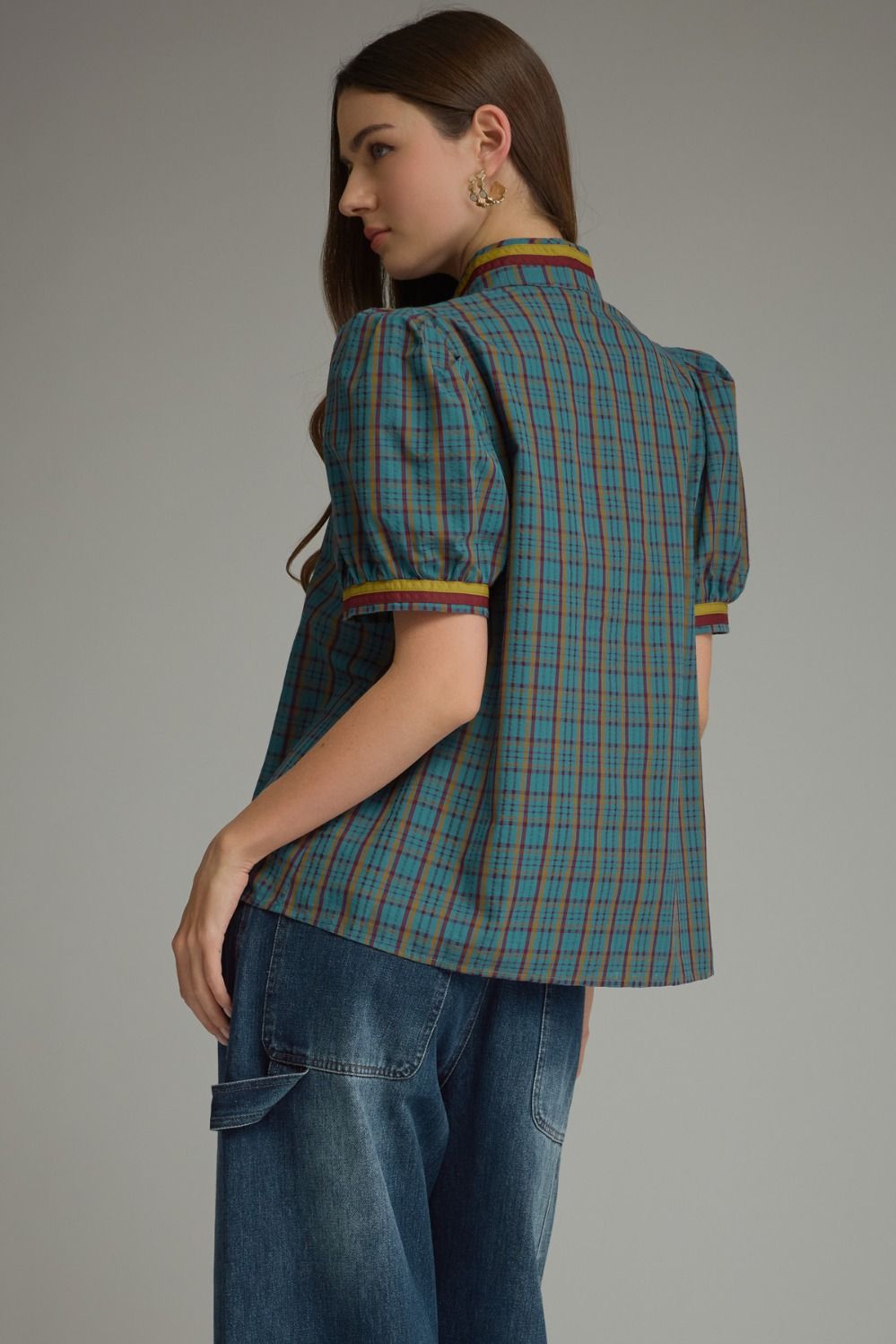 Plaid Puff Sleeve Top- Teal