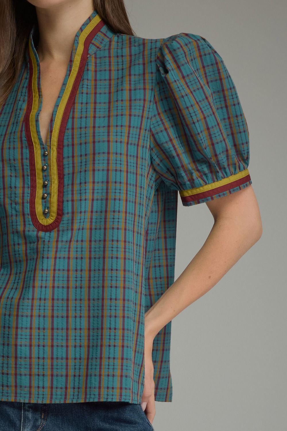 Plaid Puff Sleeve Top- Teal