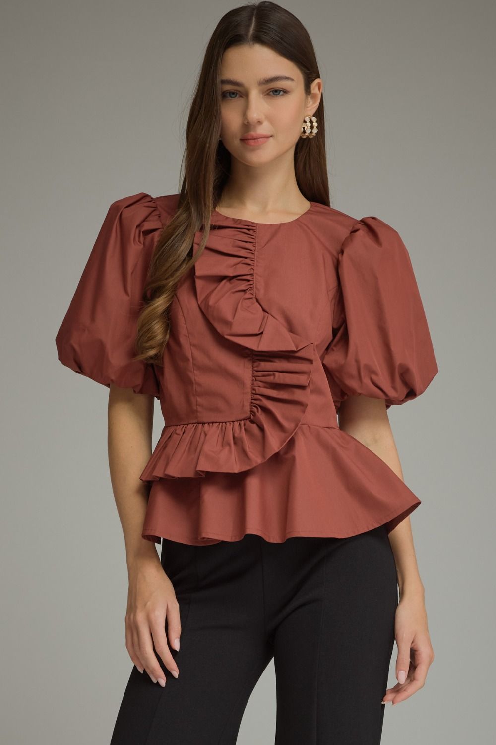 Solid Ruffle Detail Top- Cognac