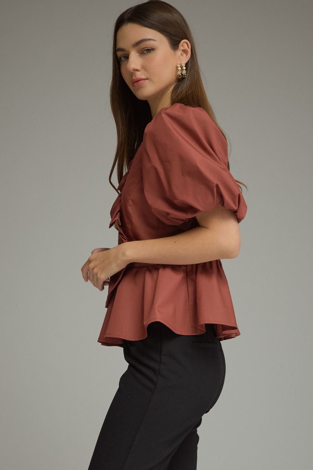 Solid Ruffle Detail Top- Cognac