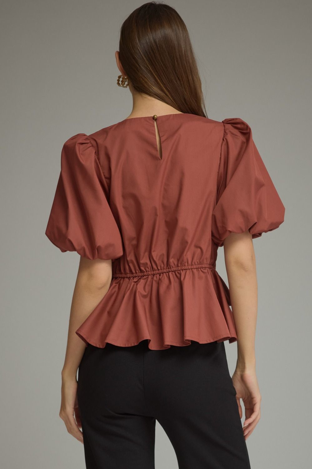 Solid Ruffle Detail Top- Cognac