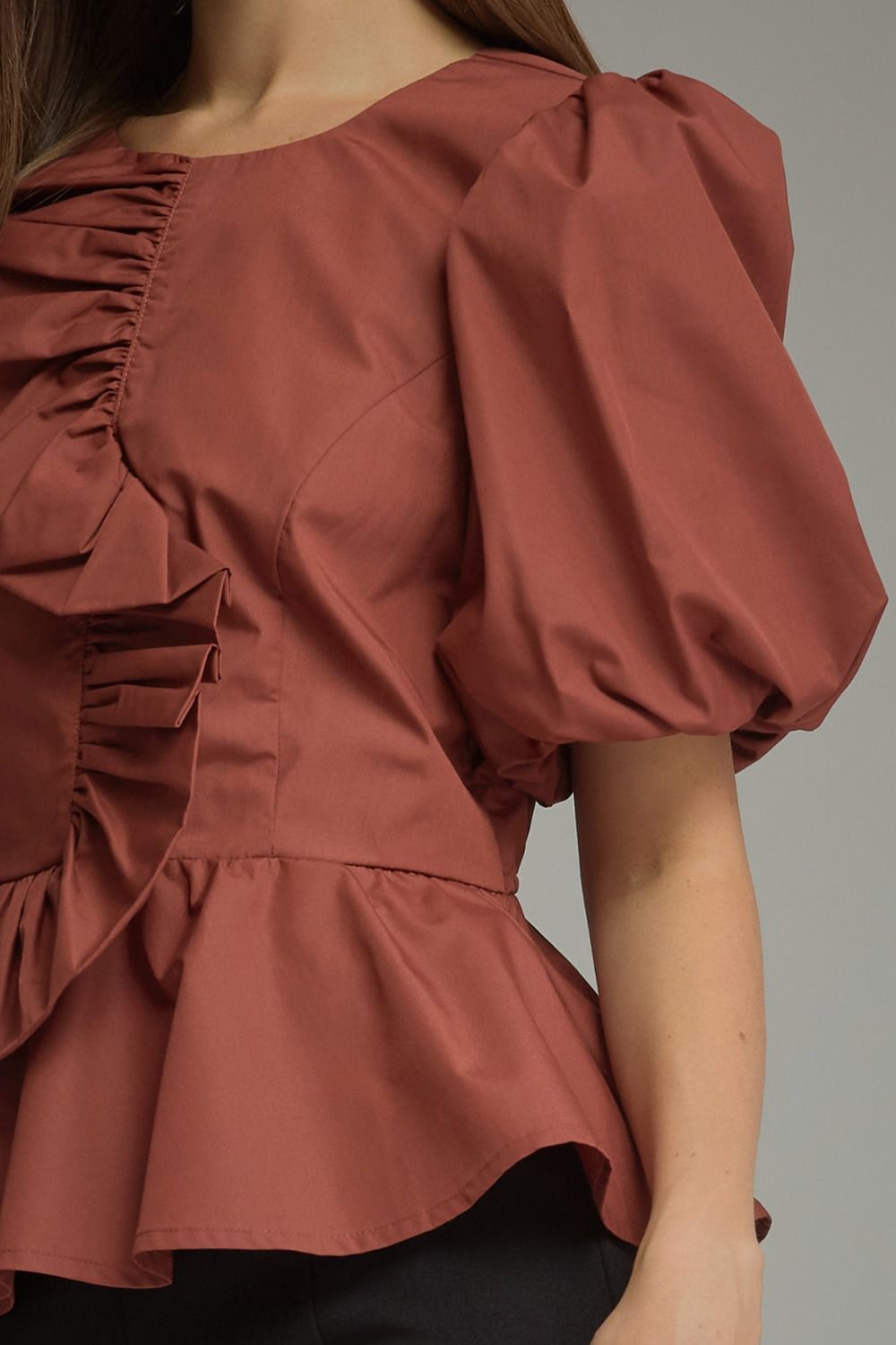 Solid Ruffle Detail Top- Cognac